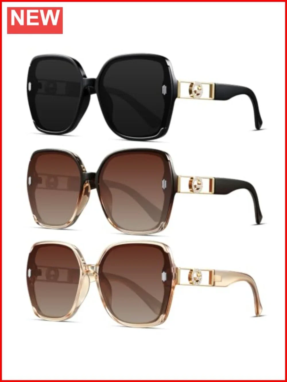 Retro Oversized Square Sunglasses Women UV Protection 3 Pack
